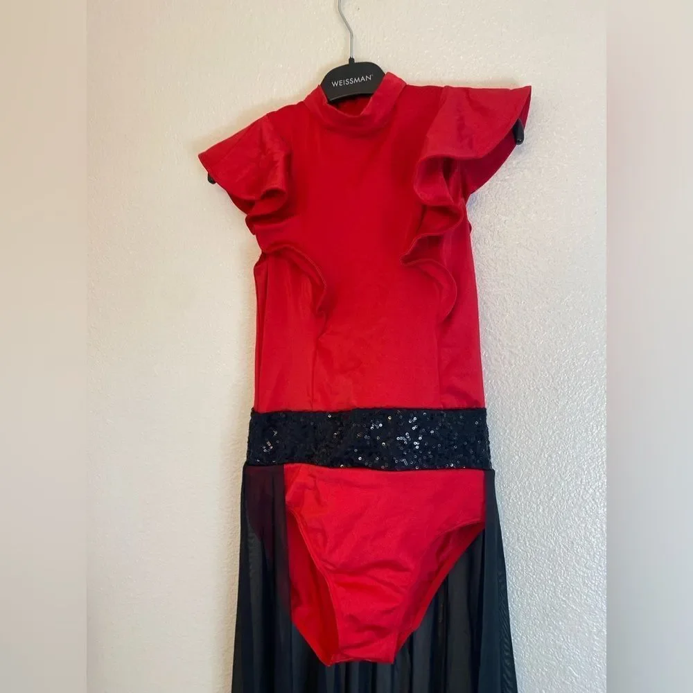 Weissman Elite Dance costume red black maxi mesh dress Alejandro D12165 SA adult